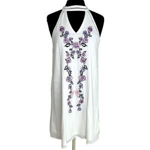 Blue Rain Francesca's White Floral‎ Embroidered Halter Dress Boho Size M